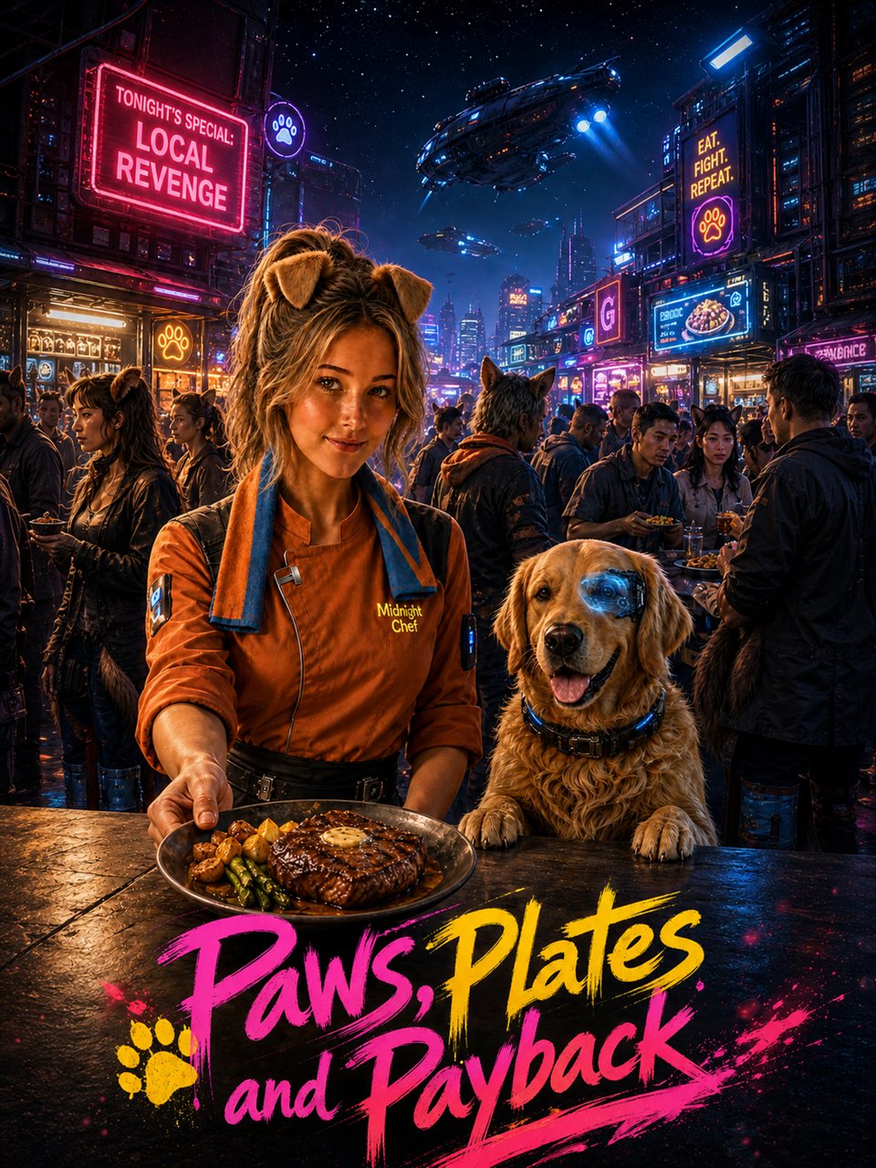A chef and a golden retriever in a neon-lit food scene on the Paws, Plates & Payback poster.