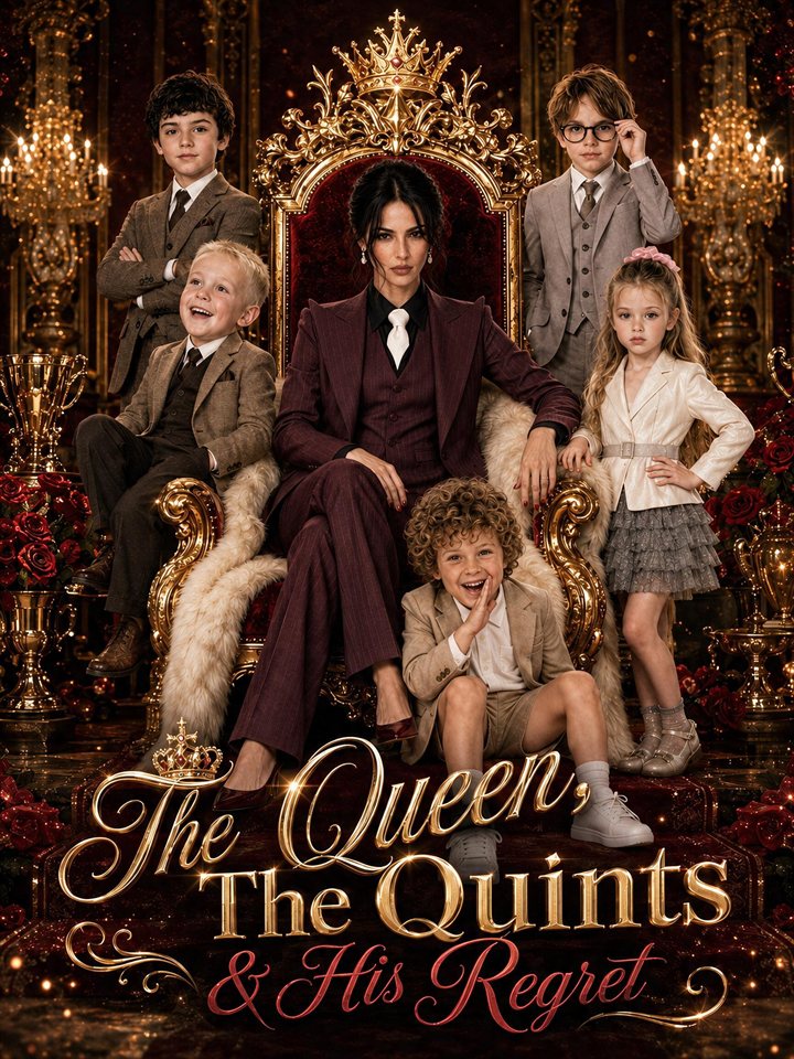 A woman on an ornate throne surrounded by five children on The Queen, The Quints & His Regret poster.